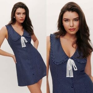 Reformation Soraya Linen Dress Raindrops (Navy Polka Dot) | Size 2